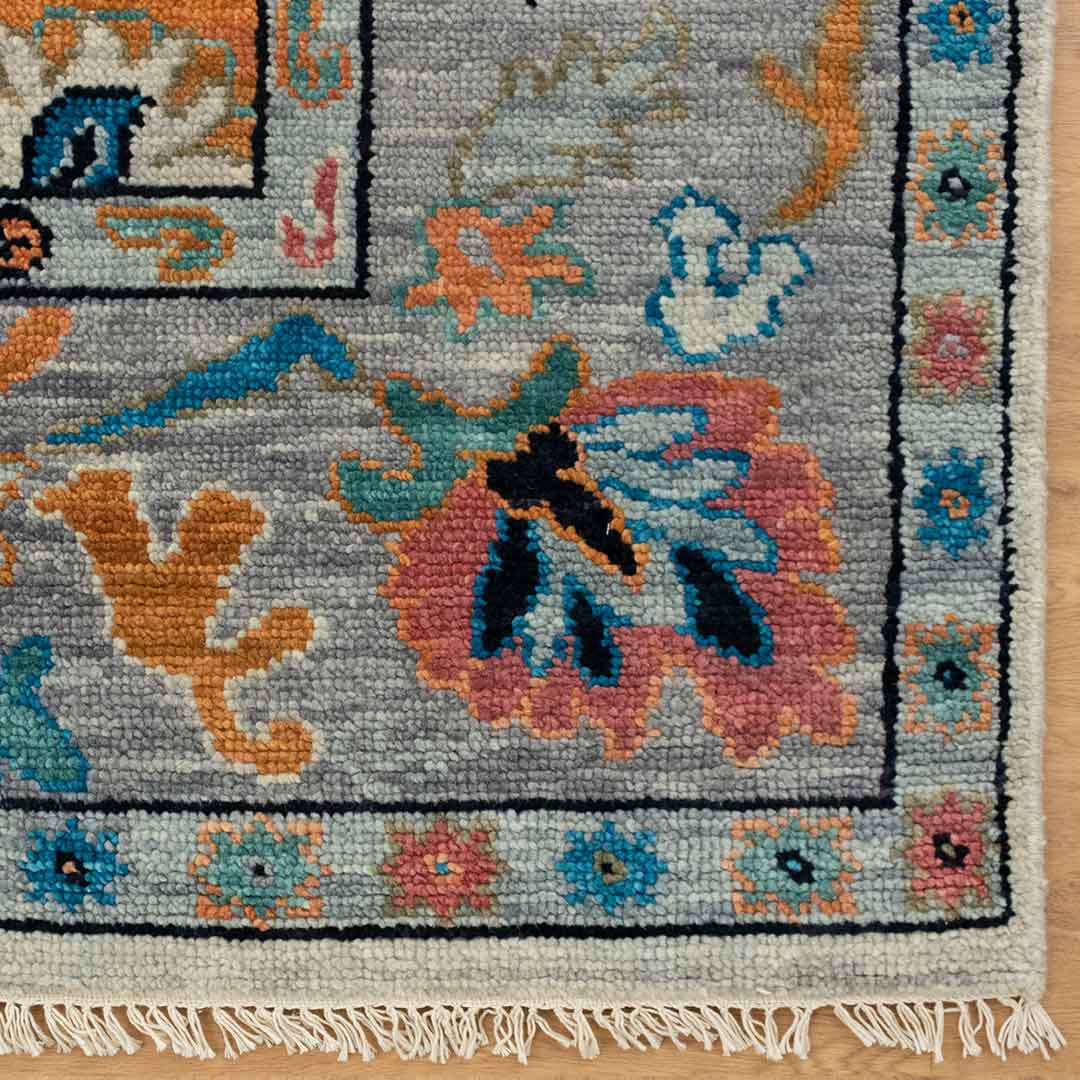 Vintage-Inspired Hand-Knotted Oushak Rug in Soft Pastel Colors