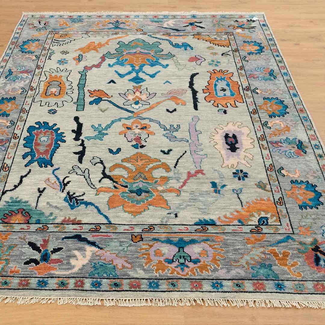 Vintage-Inspired Hand-Knotted Oushak Rug in Soft Pastel Colors