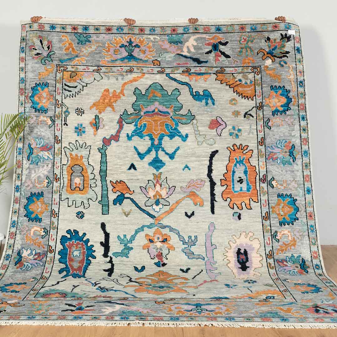 Vintage-Inspired Hand-Knotted Oushak Rug in Soft Pastel Colors