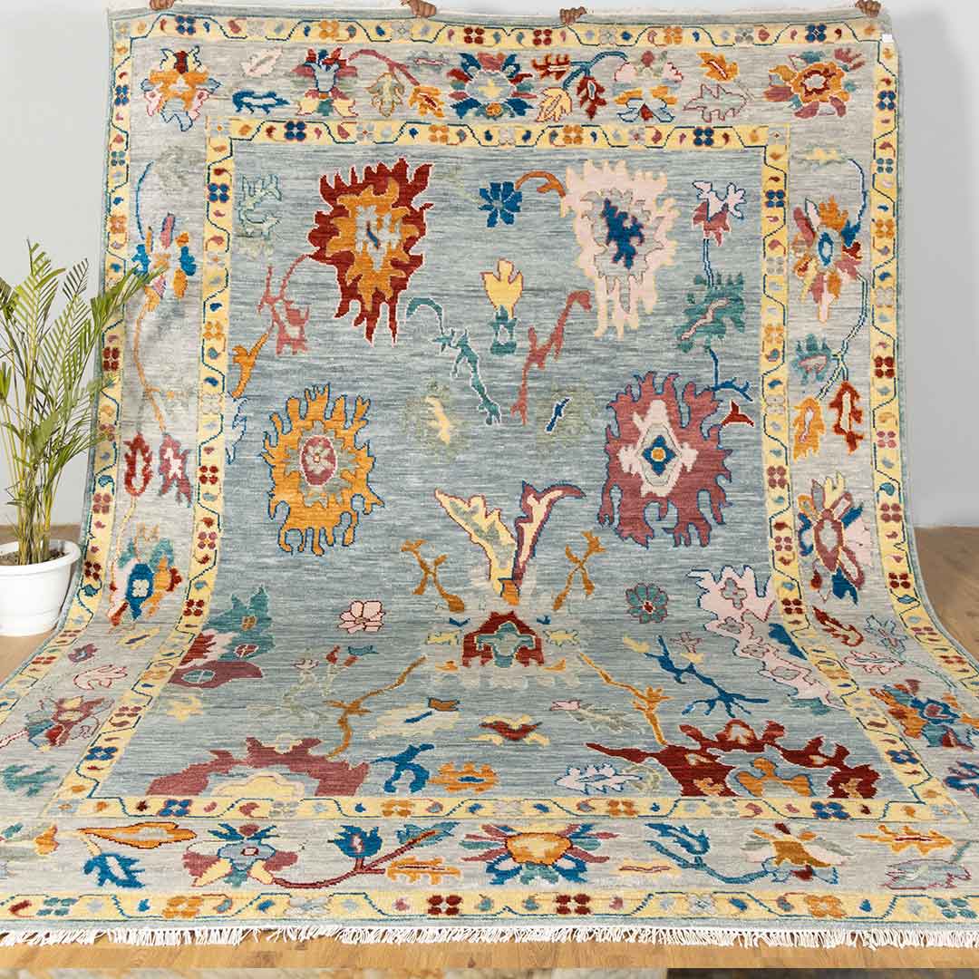 Unique Hand-Knotted Oushak Rug: A Blend of Color and Texture