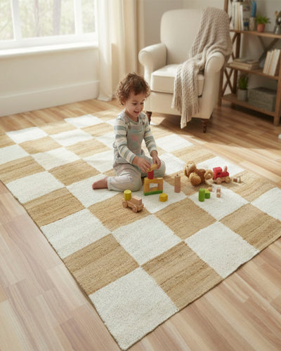 Modern Checkered Jute Area Rug - Perfect for Living Room & Bedroom