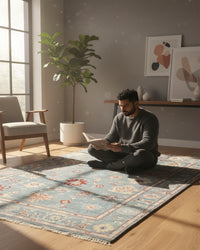 Artisan-Made Hand-Knotted Oushak Rug for Cozy Living Rooms