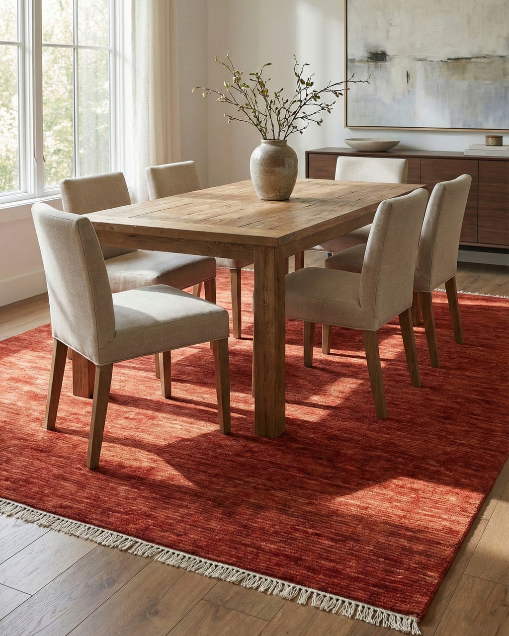 Solid Red Hand Knotted wool Rug