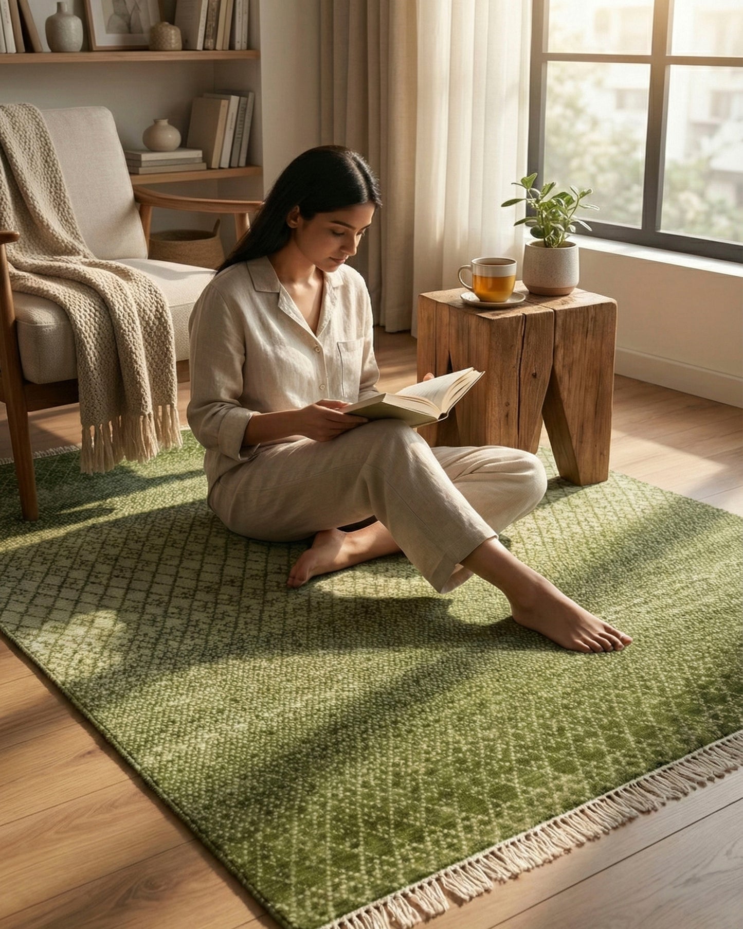 Green Bedroom Area Geometric Rug