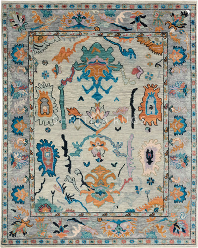 Vintage-Inspired Hand-Knotted Oushak Rug in Soft Pastel Colors
