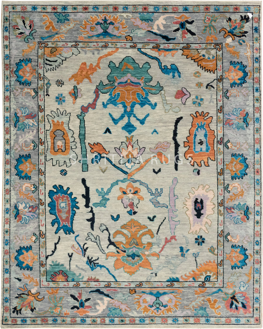 Vintage-Inspired Hand-Knotted Oushak Rug in Soft Pastel Colors