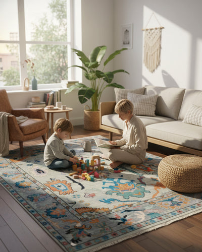 Vintage-Inspired Hand-Knotted Oushak Rug in Soft Pastel Colors