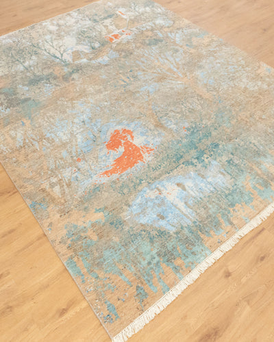 8x10 Blue Tree of life Painting Handmade Transitional wool and silk Rug | Shritija Rugs