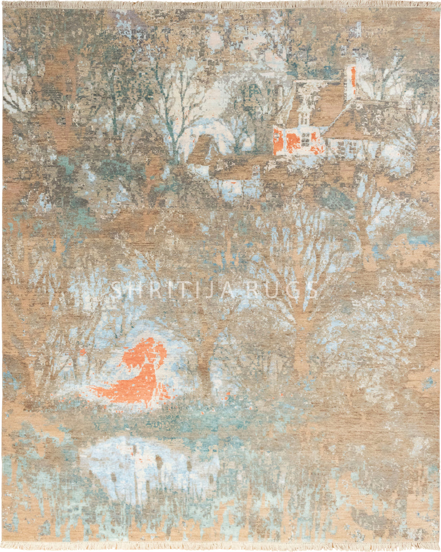 8x10 Blue Tree of life Painting Handmade Transitional wool and silk Rug | Shritija Rugs